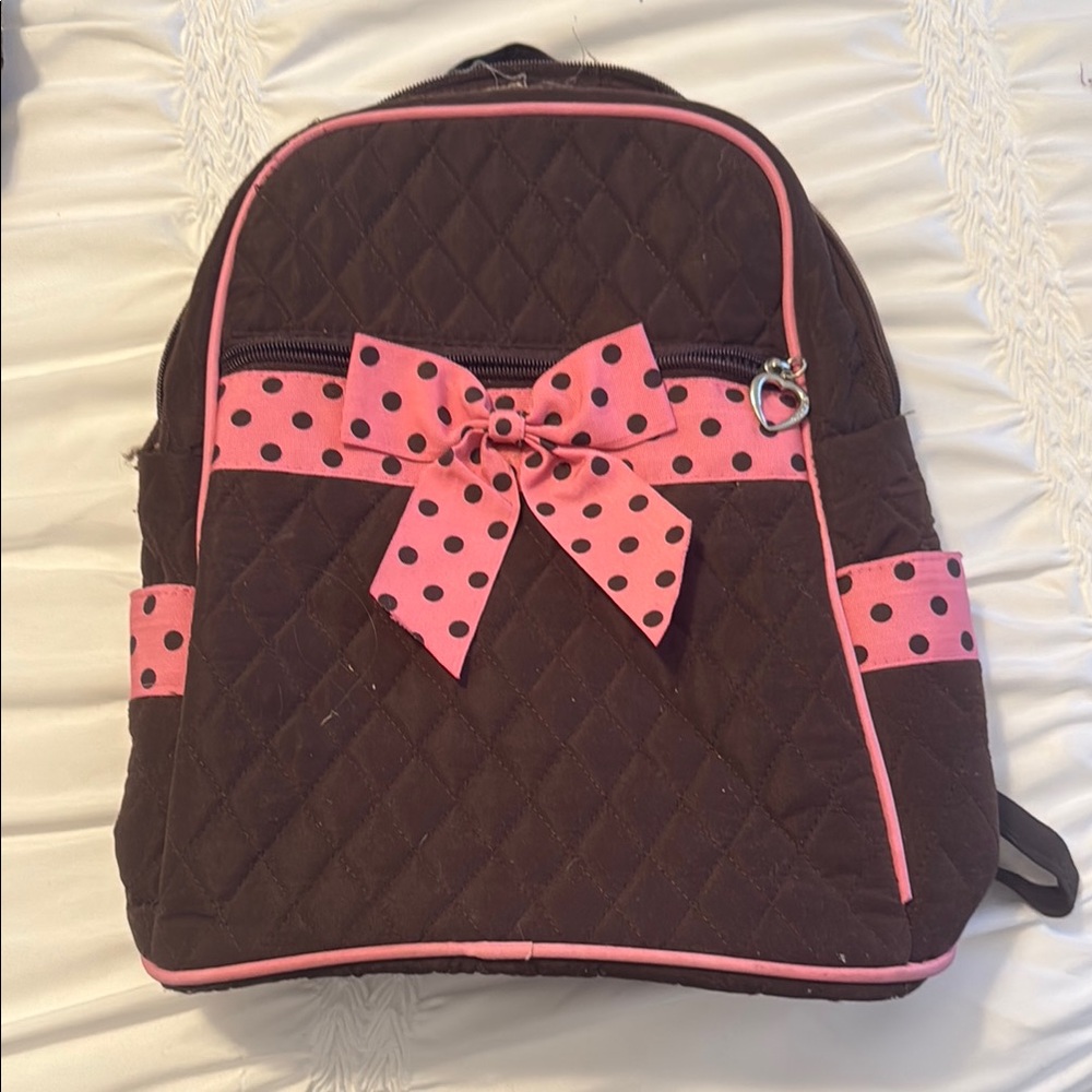 Brown Quilted Backpack with Pink Polka Dot Bow